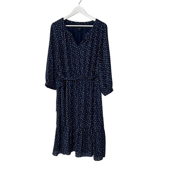 Talbots Midi Dress Size 10 Anchor Nautical Flounce Hem Split Neck Belted Navy - Picture 1 of 10